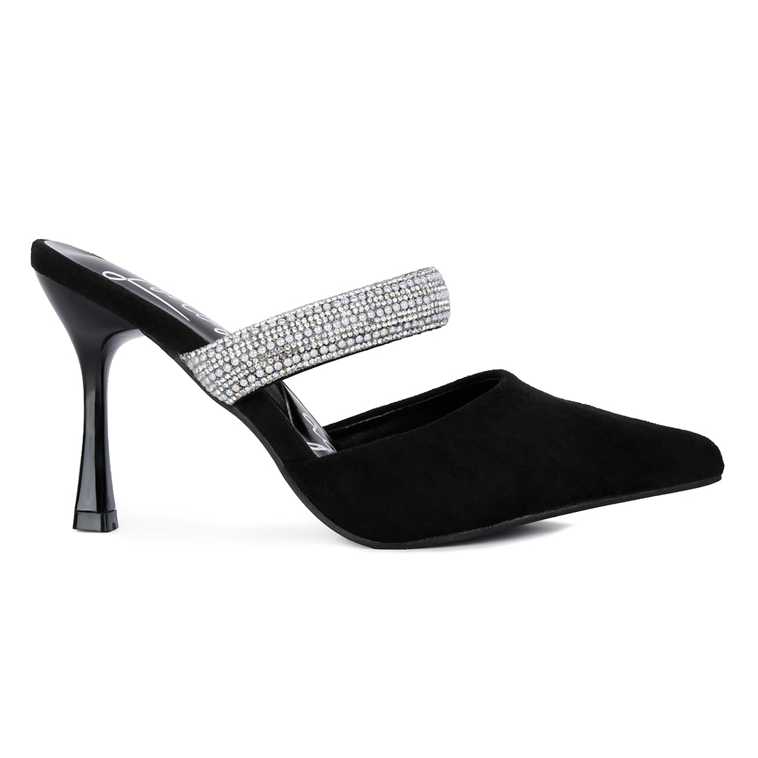 Black Diamante Strap Heeled Mules