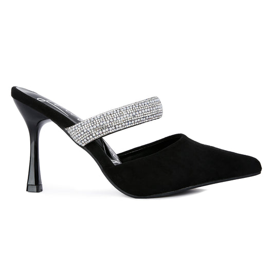 Black Diamante Strap Heeled Mules