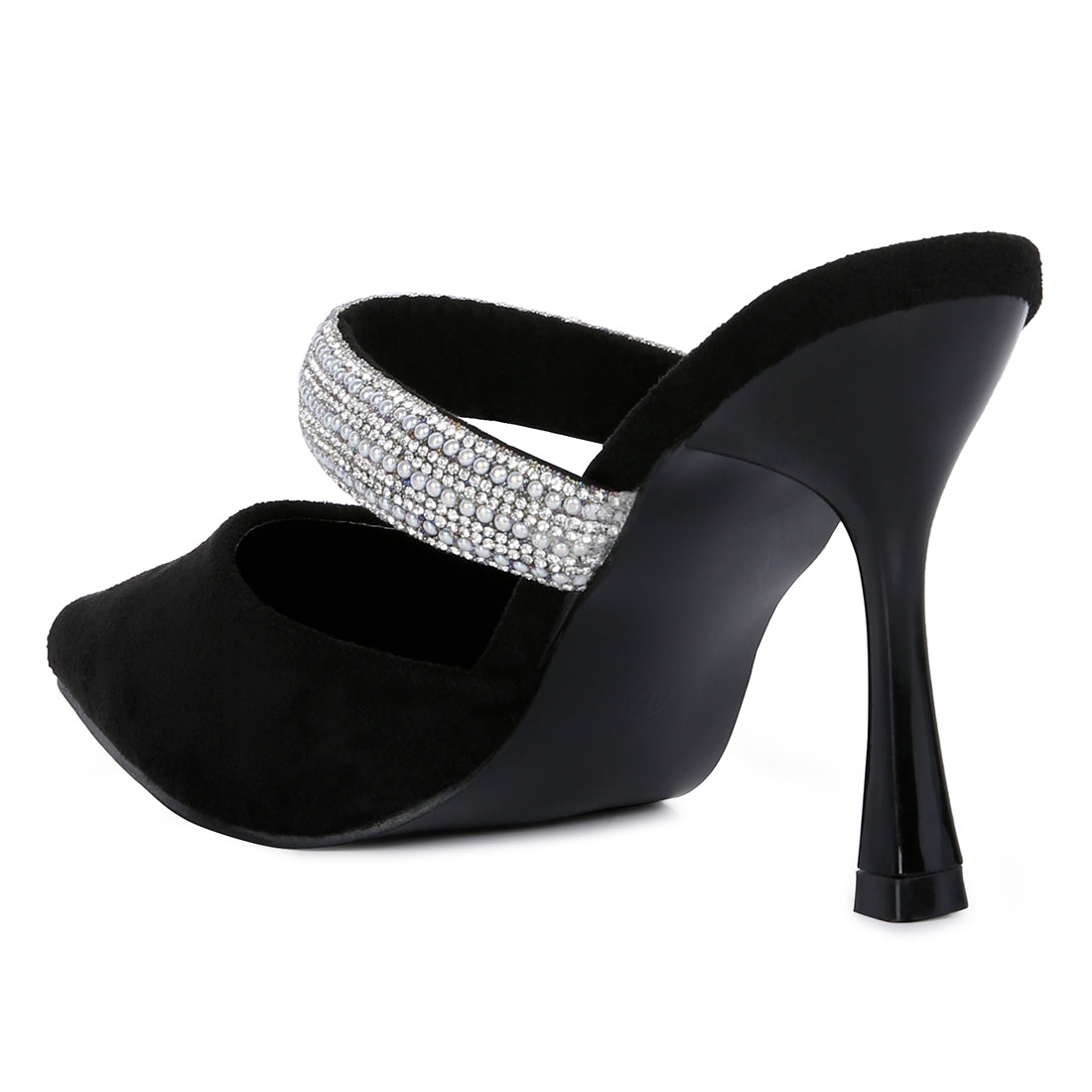 Black Diamante Strap Heeled Mules