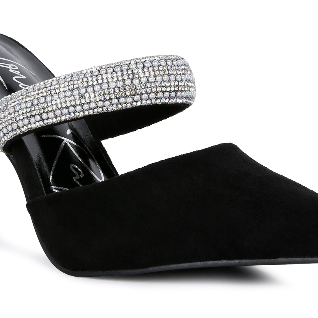 Black Diamante Strap Heeled Mules