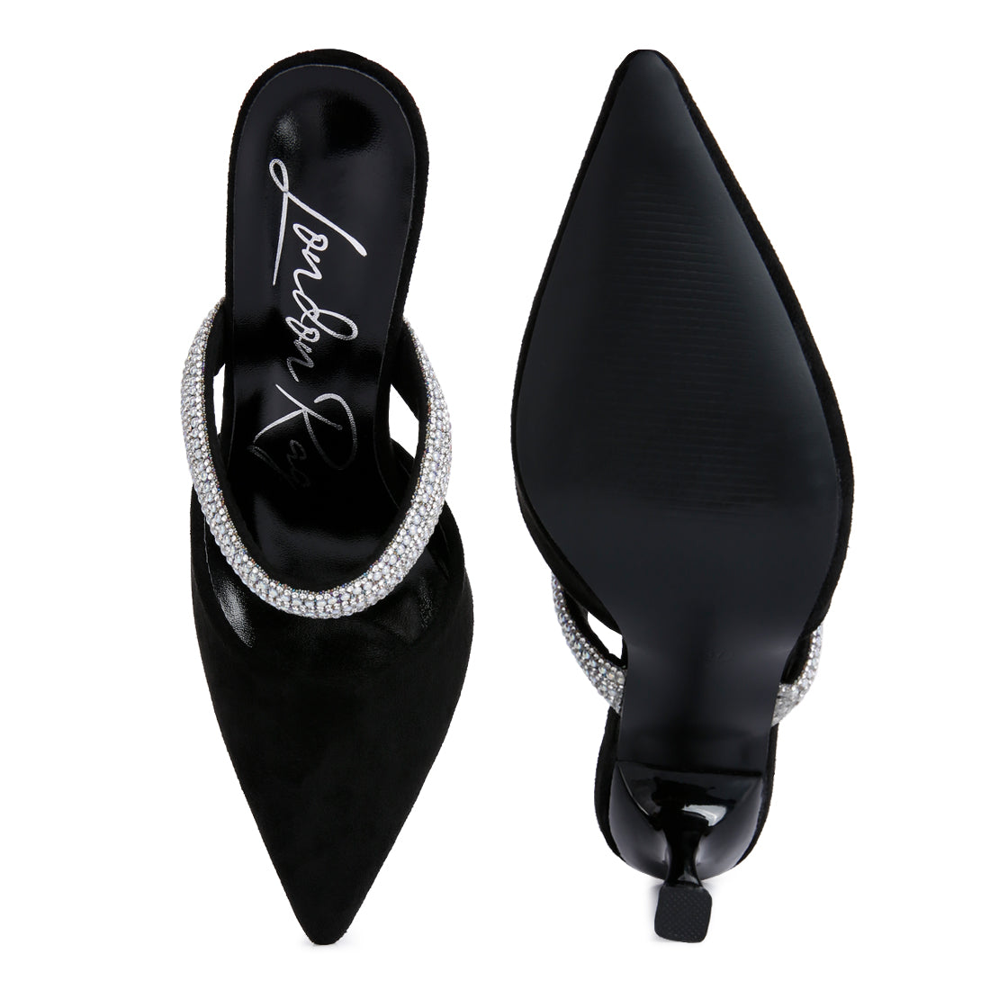 Black Diamante Strap Heeled Mules