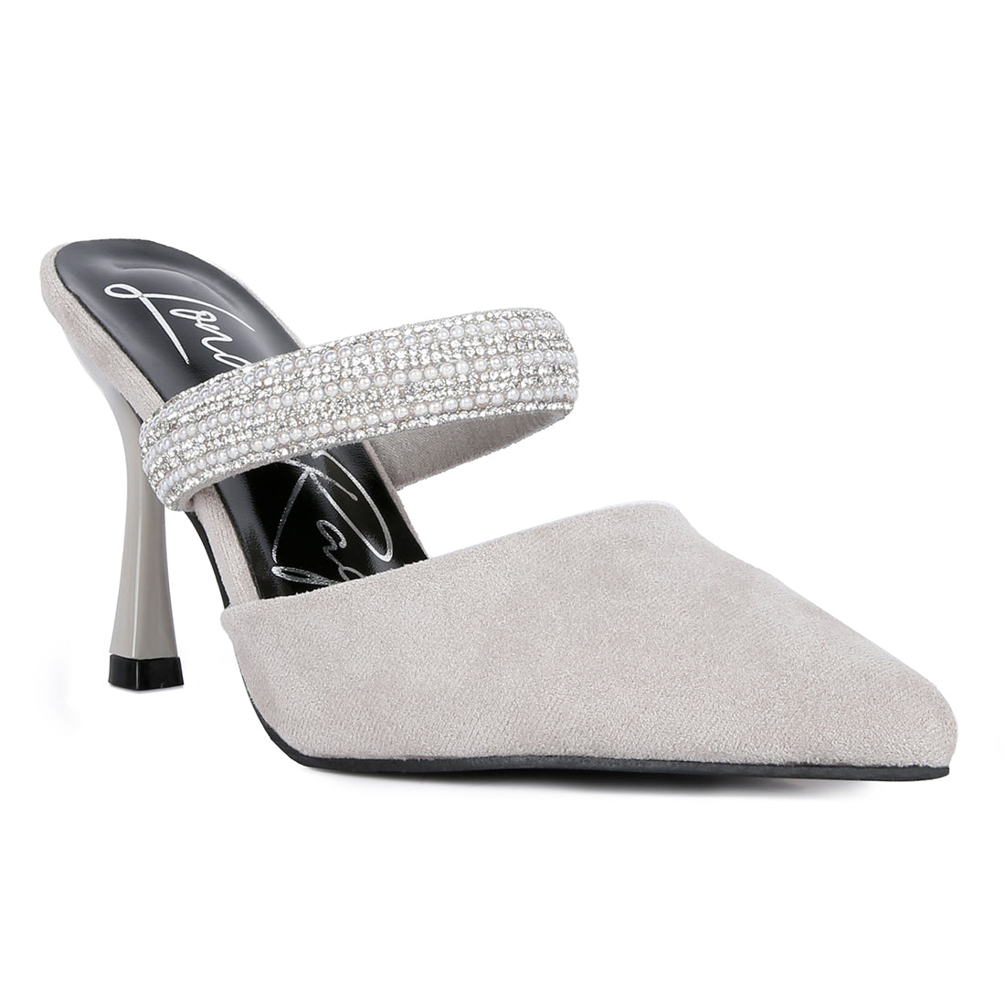 Grey Diamante Strap Heeled Mules