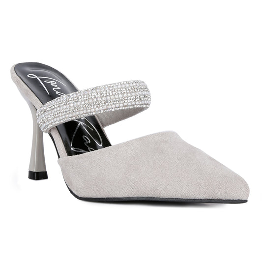 Grey Diamante Strap Heeled Mules