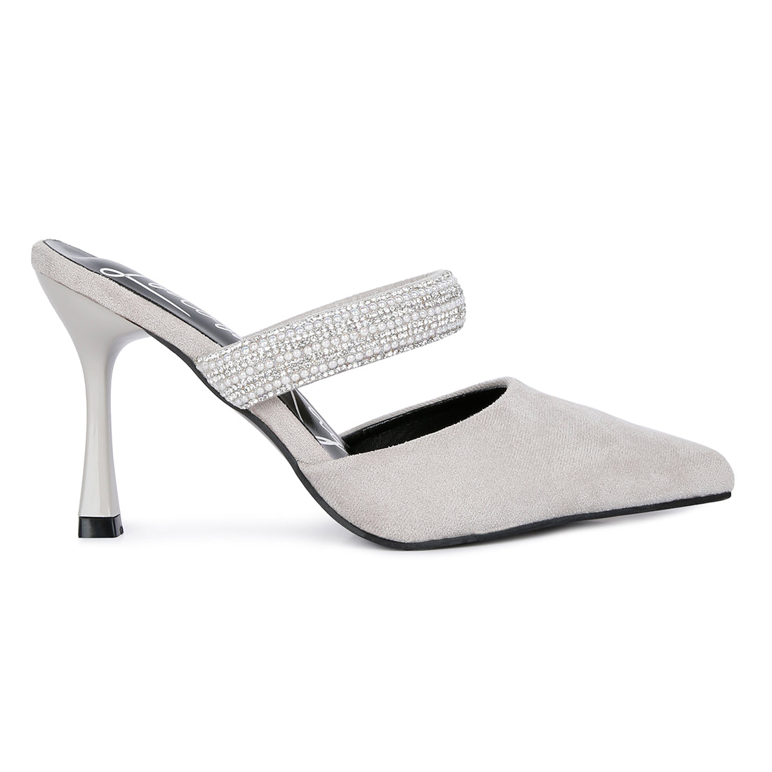 Grey Diamante Strap Heeled Mules
