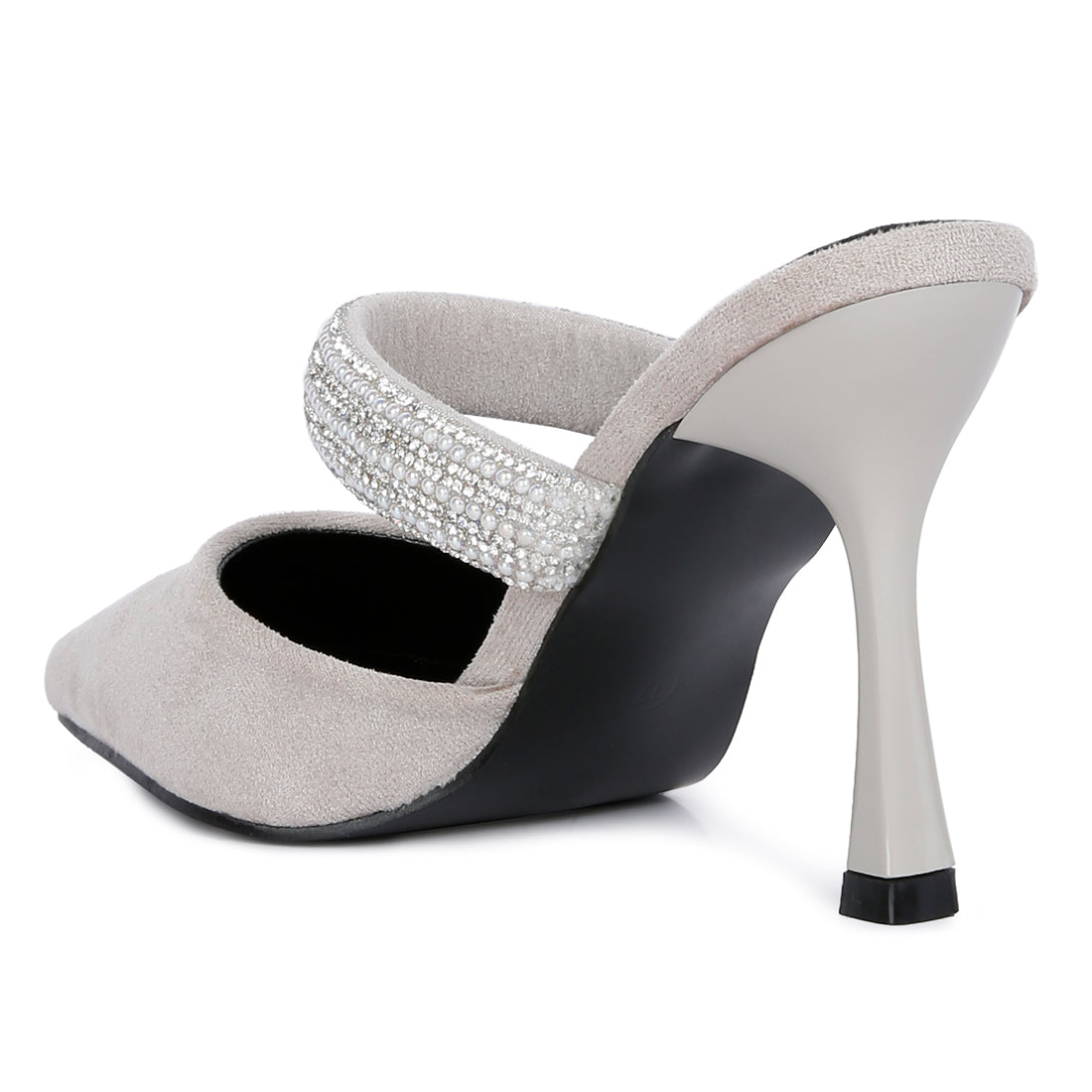Grey Diamante Strap Heeled Mules