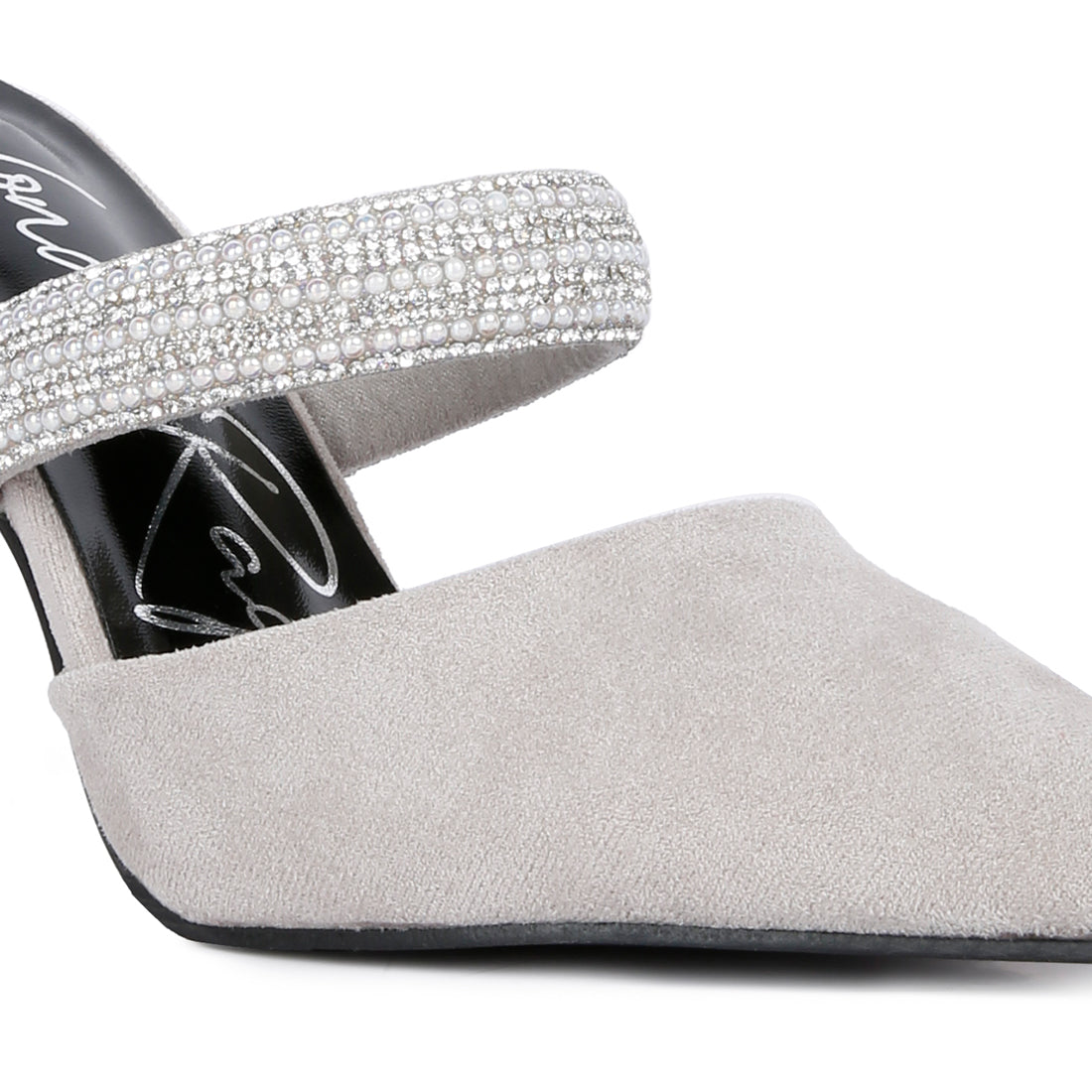 Grey Diamante Strap Heeled Mules