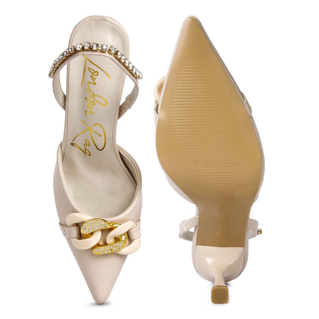 Beige Diamante Metal Chain Sandals