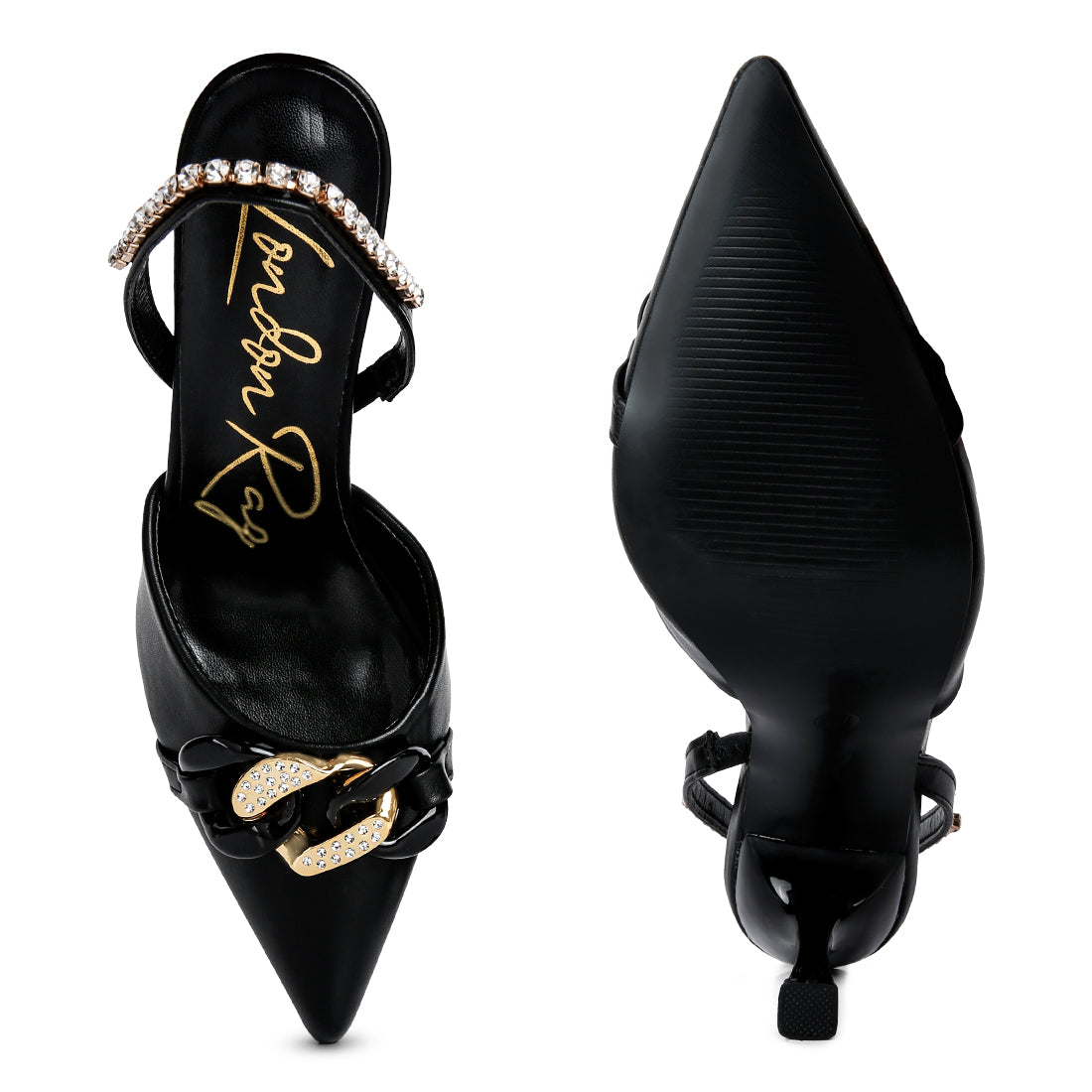 Black Diamante Metal Chain Sandals