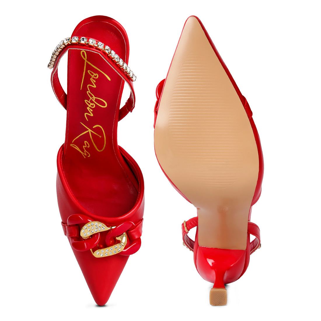 Red Diamante Metal Chain Sandals