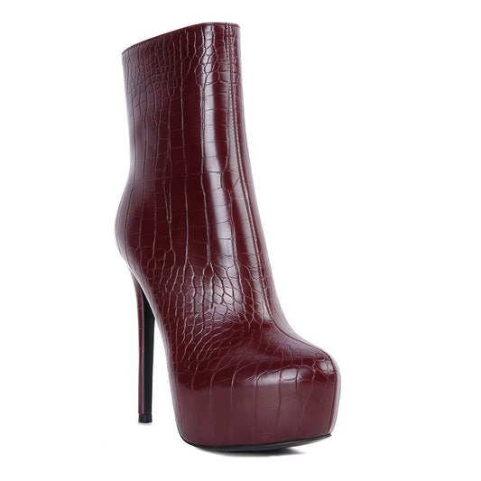 Burgundy High Heeled Croc Pattern Ankle Boot