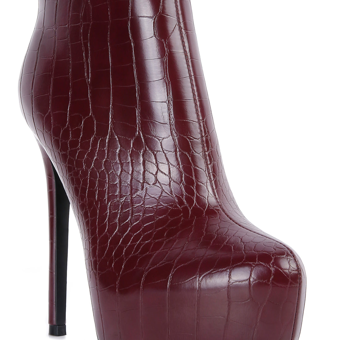 Burgundy High Heeled Croc Pattern Ankle Boot