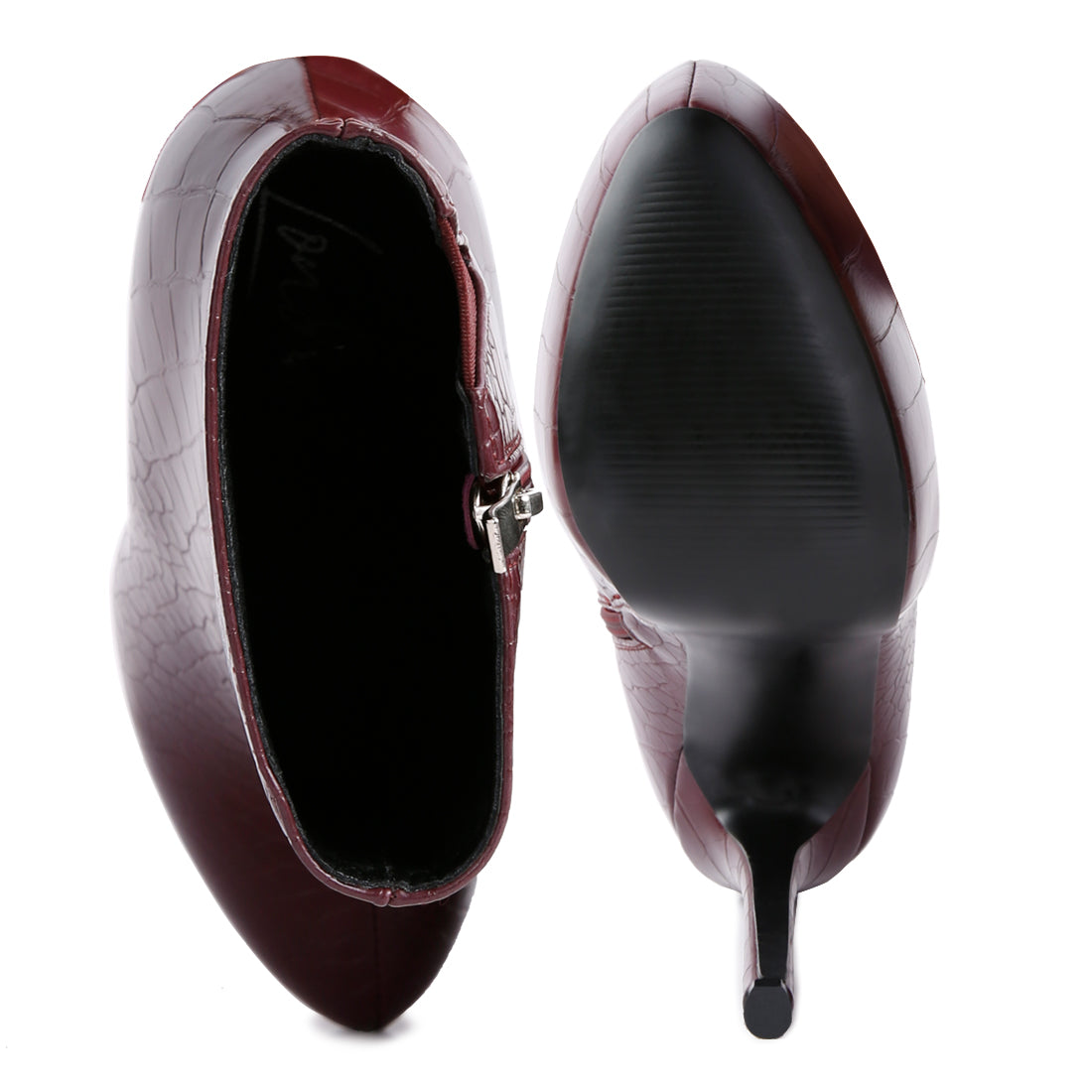 Burgundy High Heeled Croc Pattern Ankle Boot