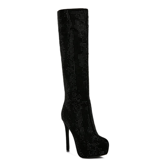 Black Diamante Stiletto Calf Boots