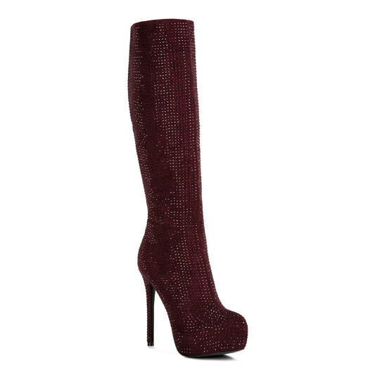 Burgundy Diamante Stiletto Calf Boots