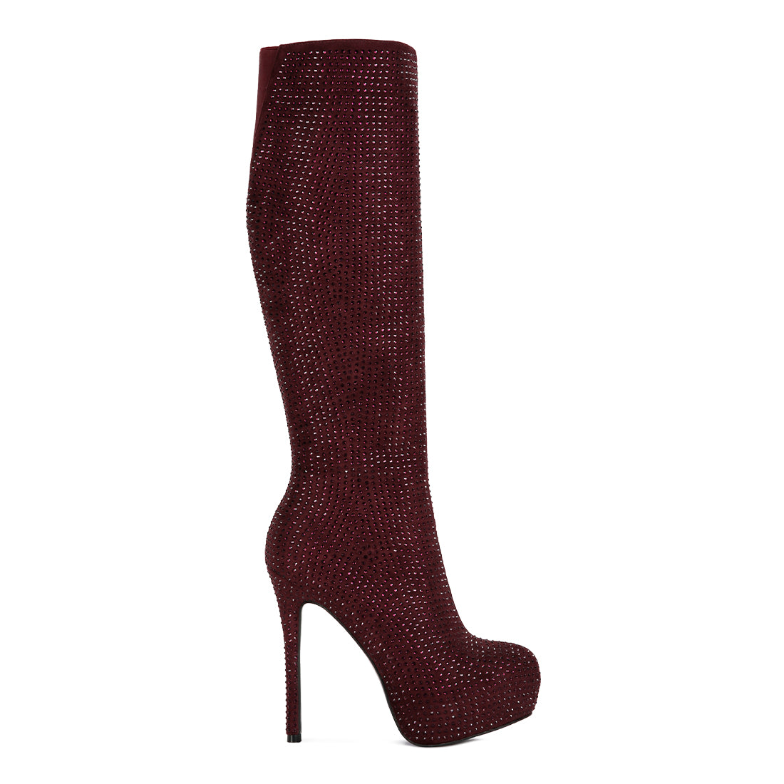 Burgundy Diamante Stiletto Calf Boots