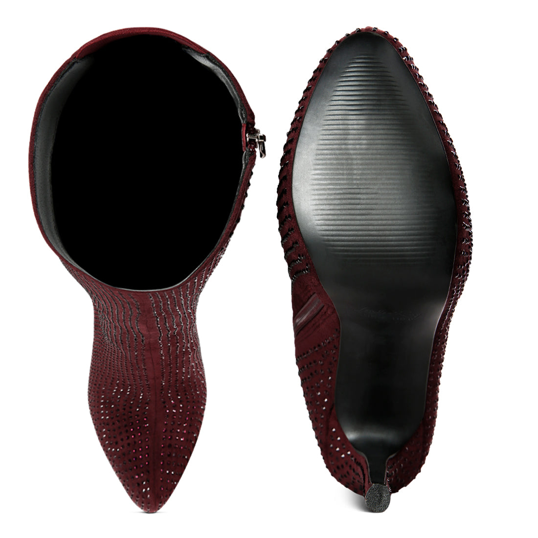 Burgundy Diamante Stiletto Calf Boots