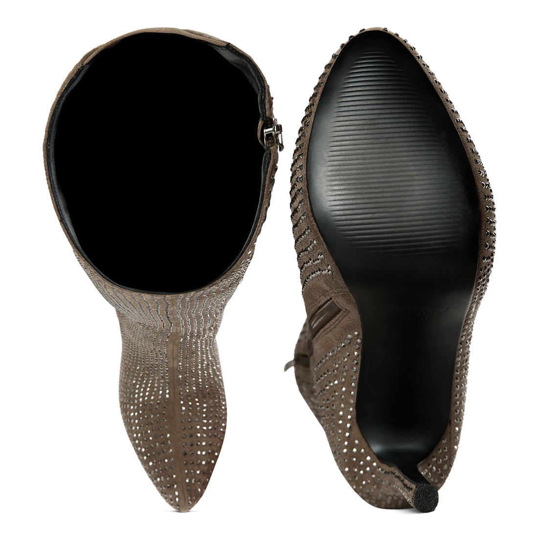 Taupe Diamante Stiletto Calf Boots