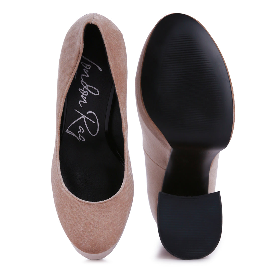 Beige Platform Heel Velvet Pumps
