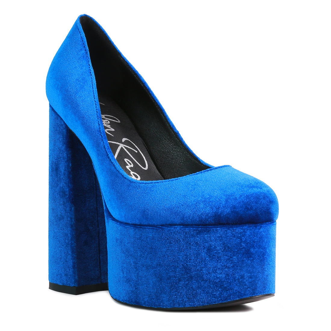 Blue Platform Heel Velvet Pumps