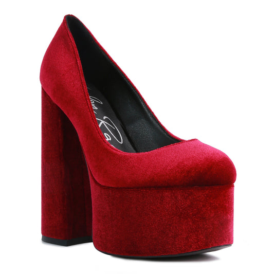 Burgundy Platform Heel Velvet Pumps