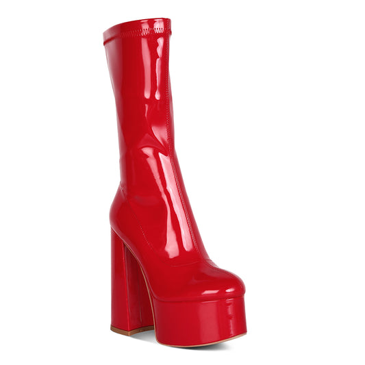 Red Platform Heeled Calf Boots