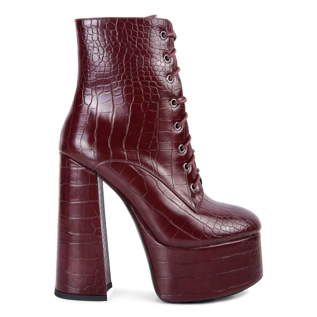 Burgundy Croc Platform Heeled Boots