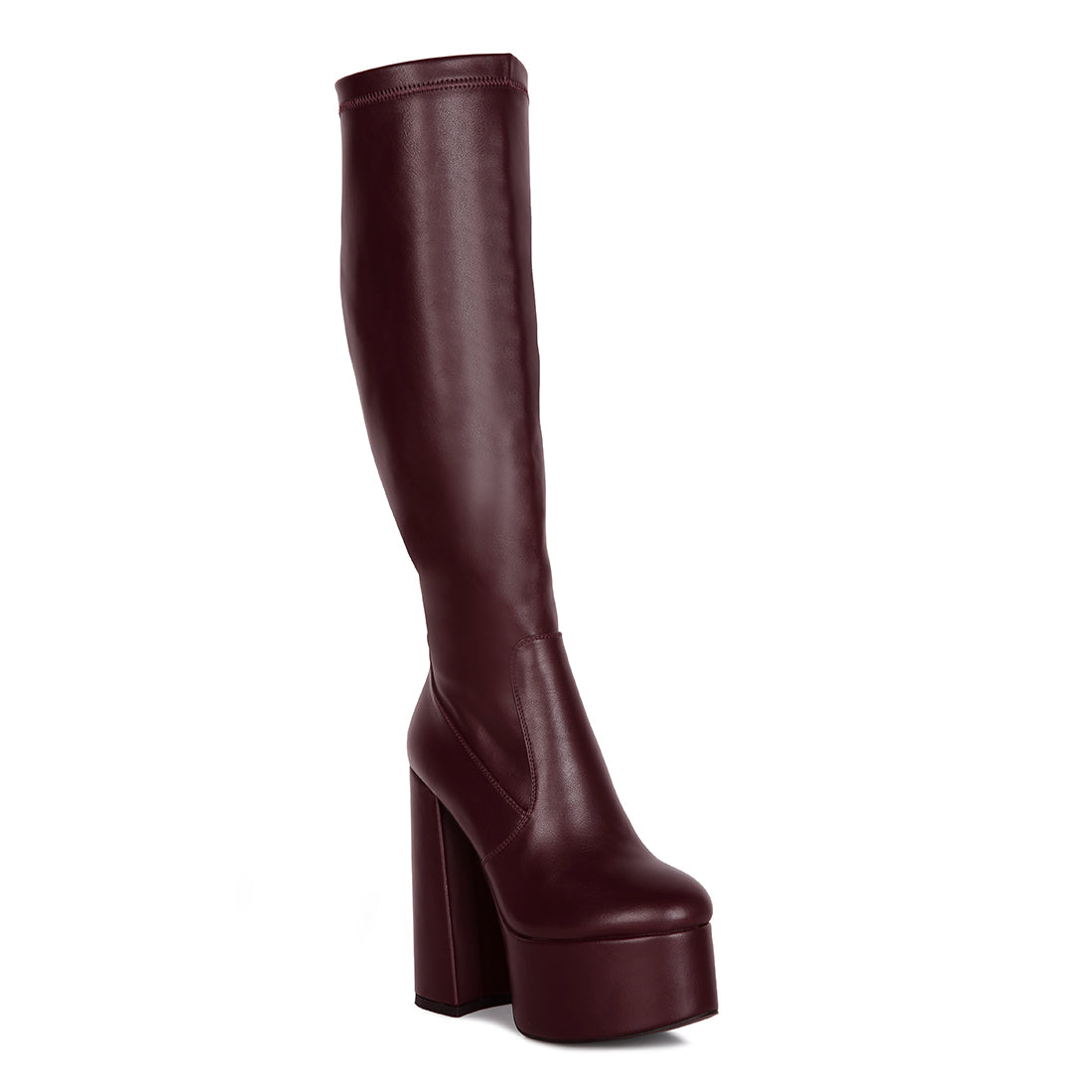 Burgundy High Block Heeled Calf Boots