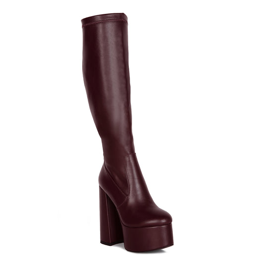 Burgundy High Block Heeled Calf Boots