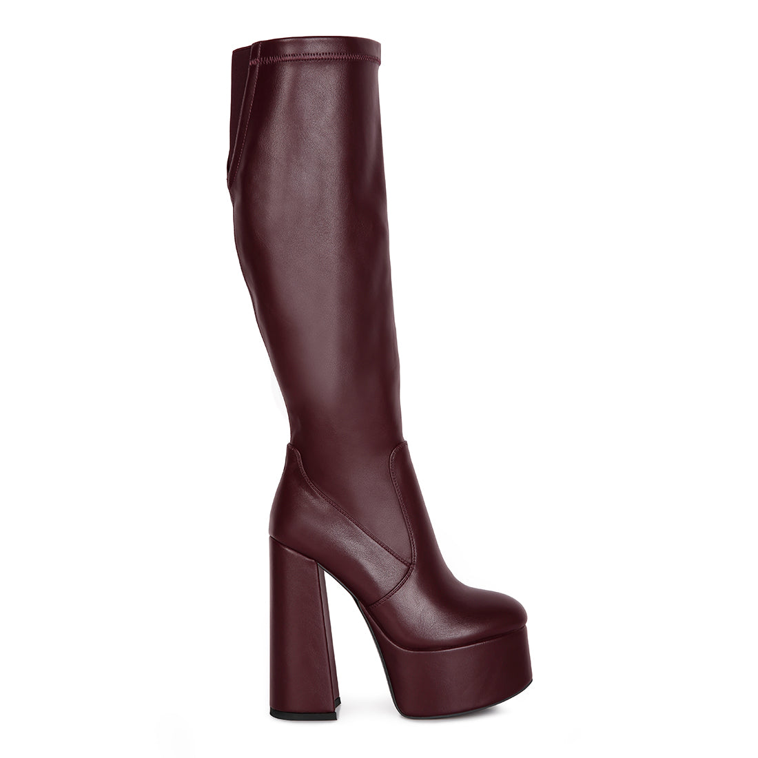 Burgundy High Block Heeled Calf Boots