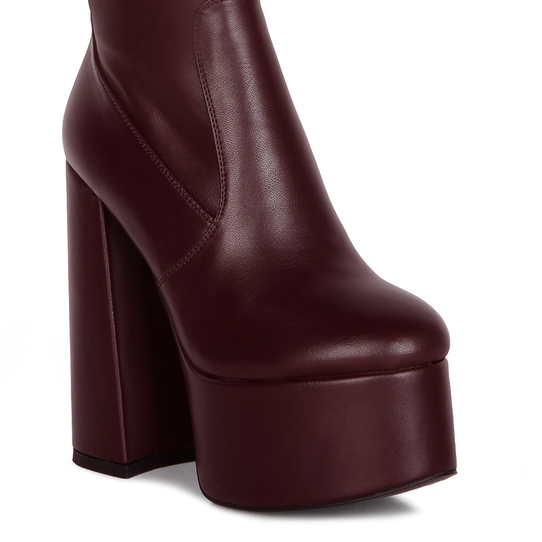 Burgundy High Block Heeled Calf Boots
