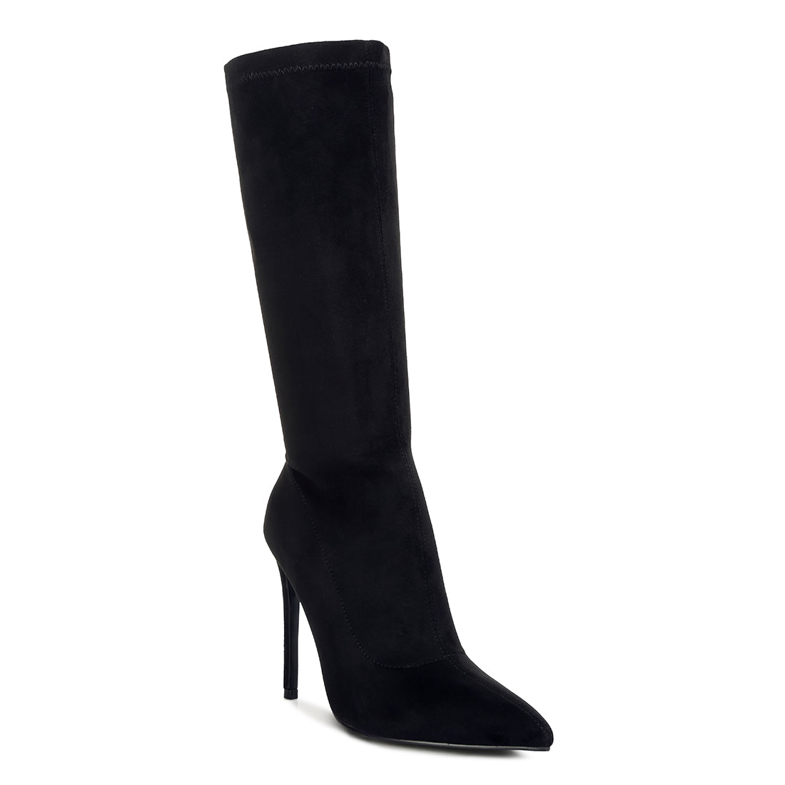 pointed toe high heeled calf boot#color_black