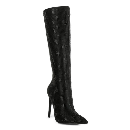Black Pipette Diamante Set High Heeled Calf Boot