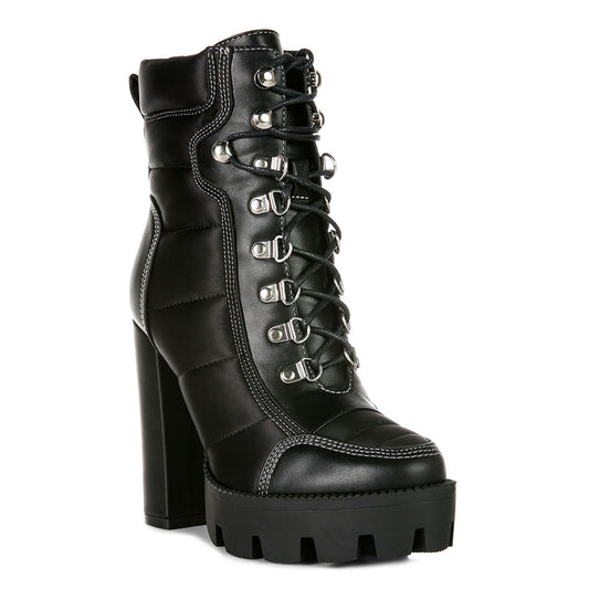 high heel quilted satin biker boots#color_black