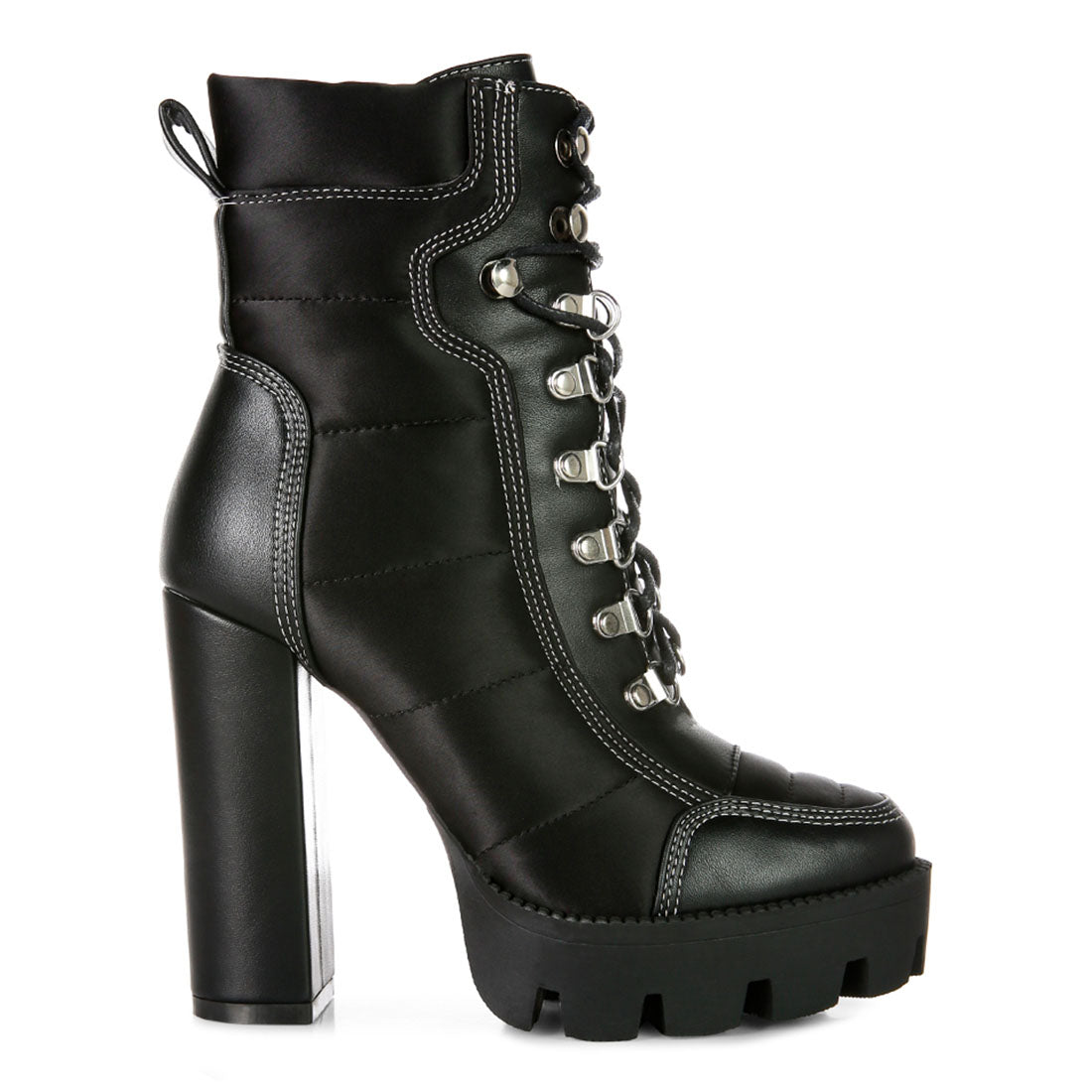 high heel quilted satin biker boots#color_black