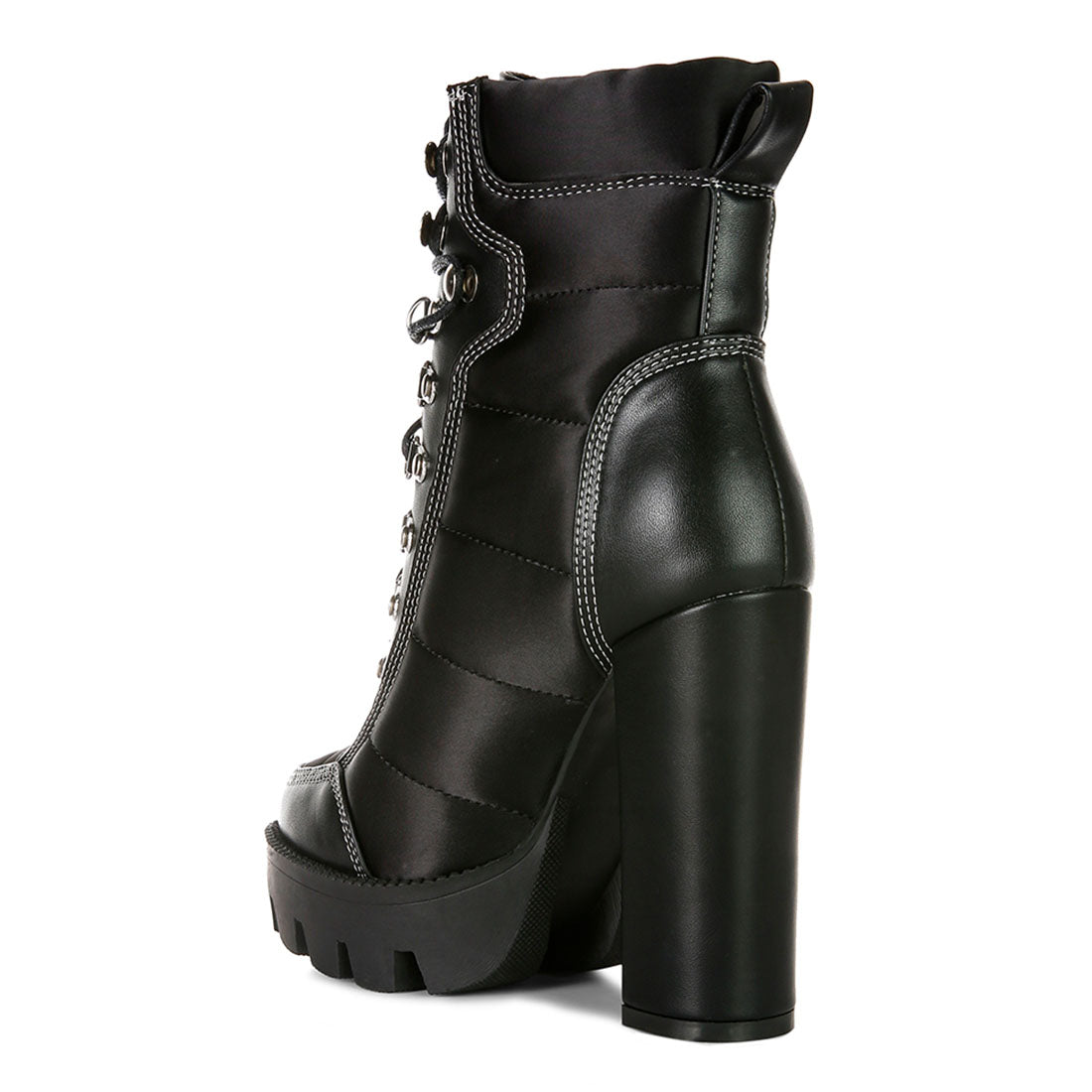 high heel quilted satin biker boots#color_black