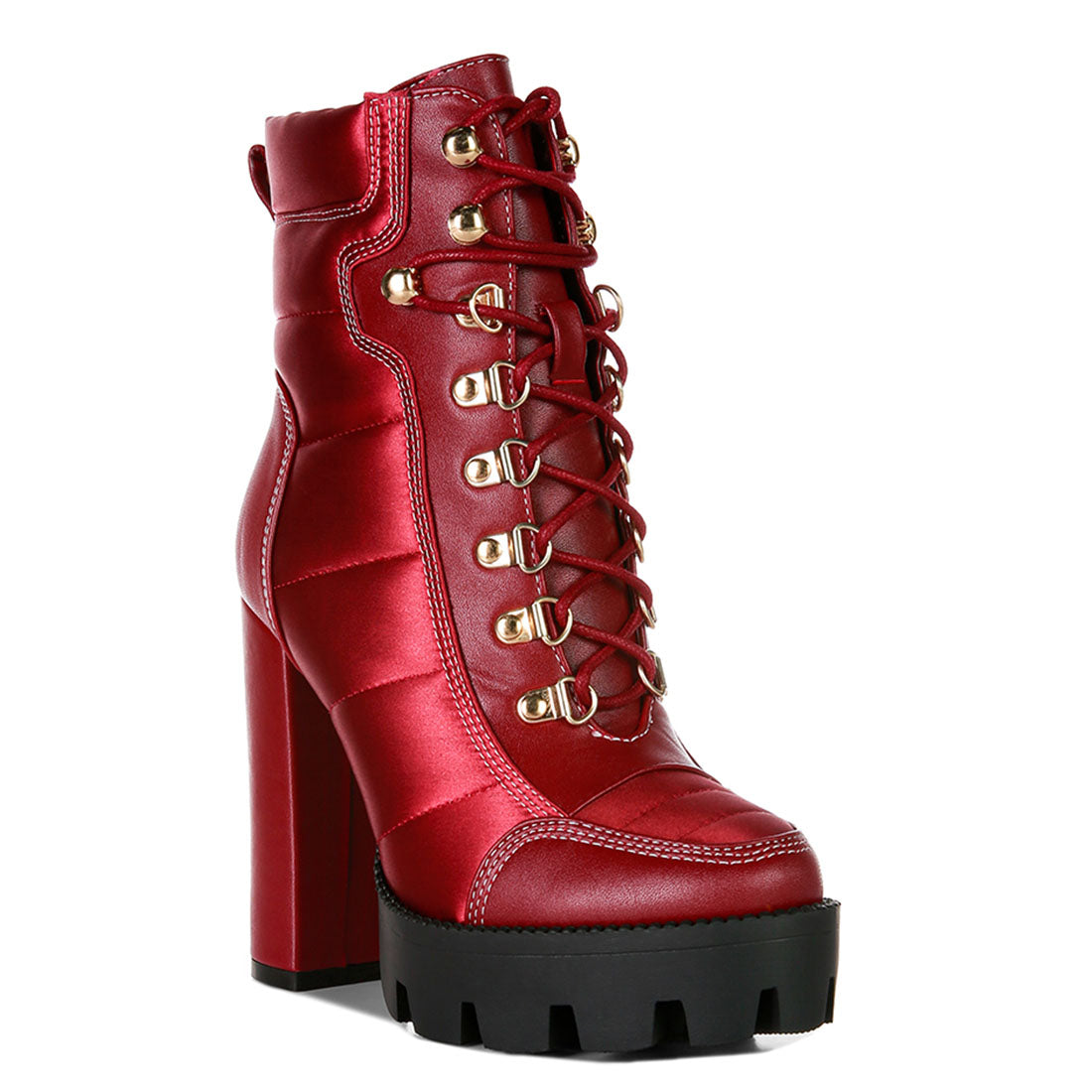 high heel quilted satin biker boots#color_burgundy
