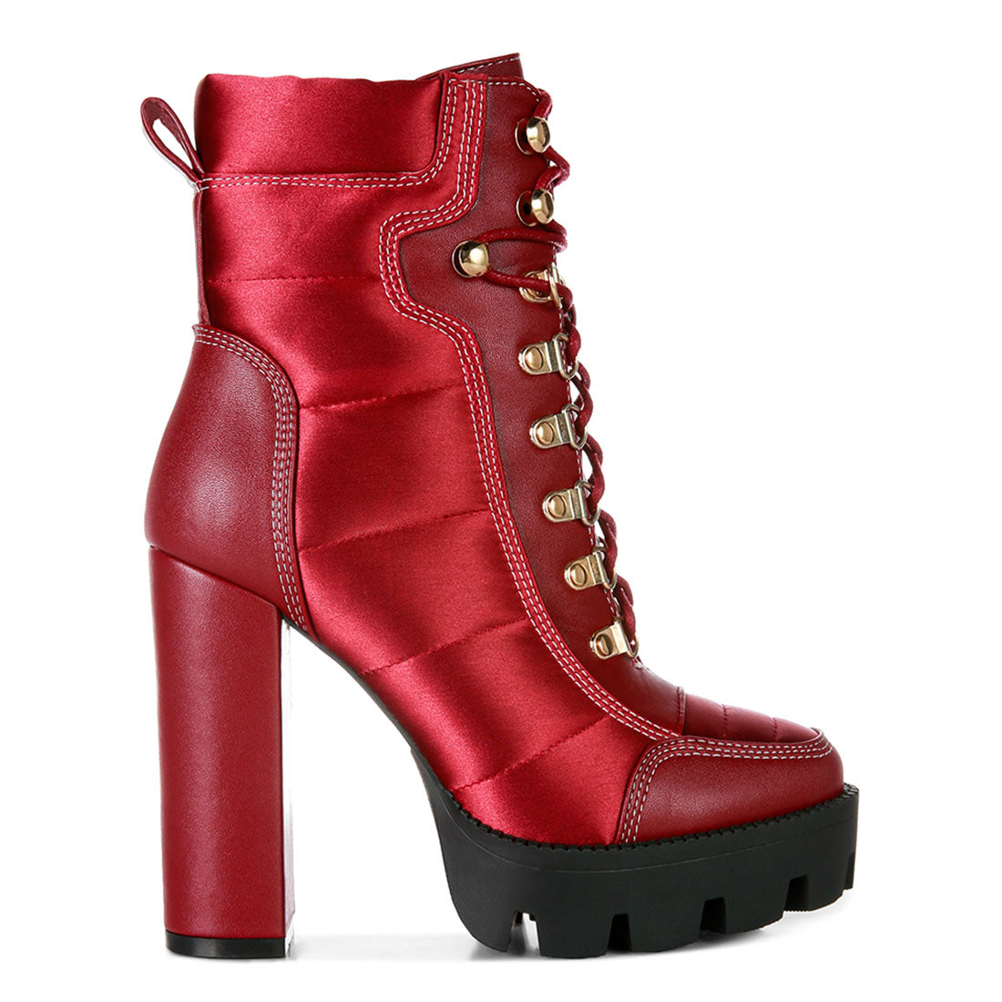 high heel quilted satin biker boots#color_burgundy