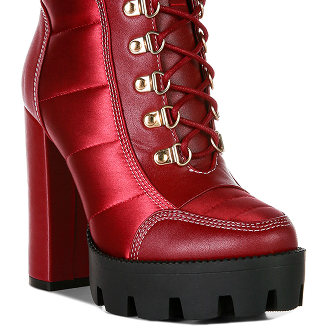 high heel quilted satin biker boots#color_burgundy