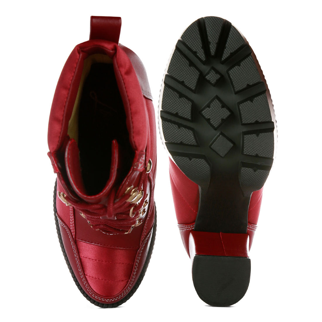 high heel quilted satin biker boots#color_burgundy