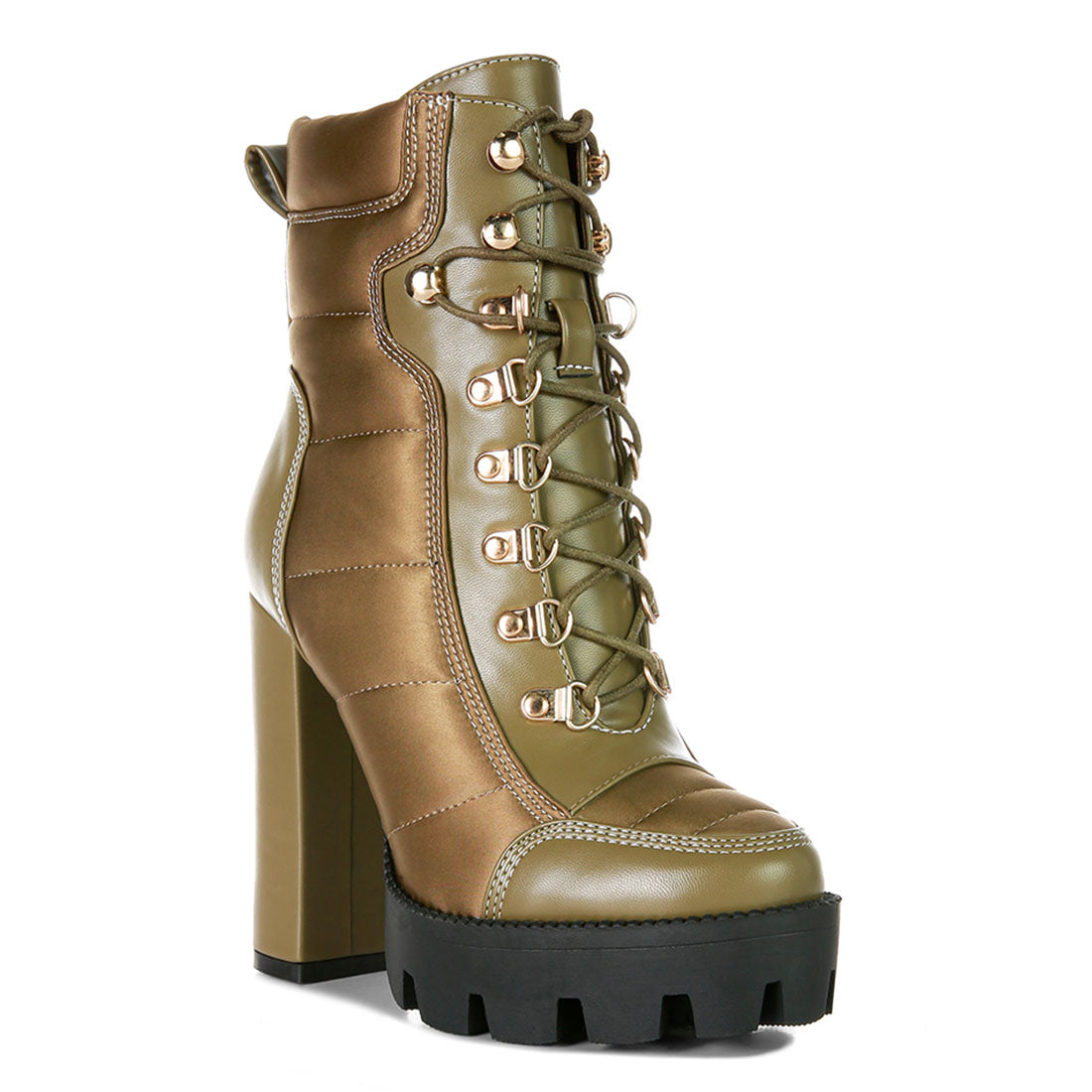 high heel quilted satin biker boots#color_khaki