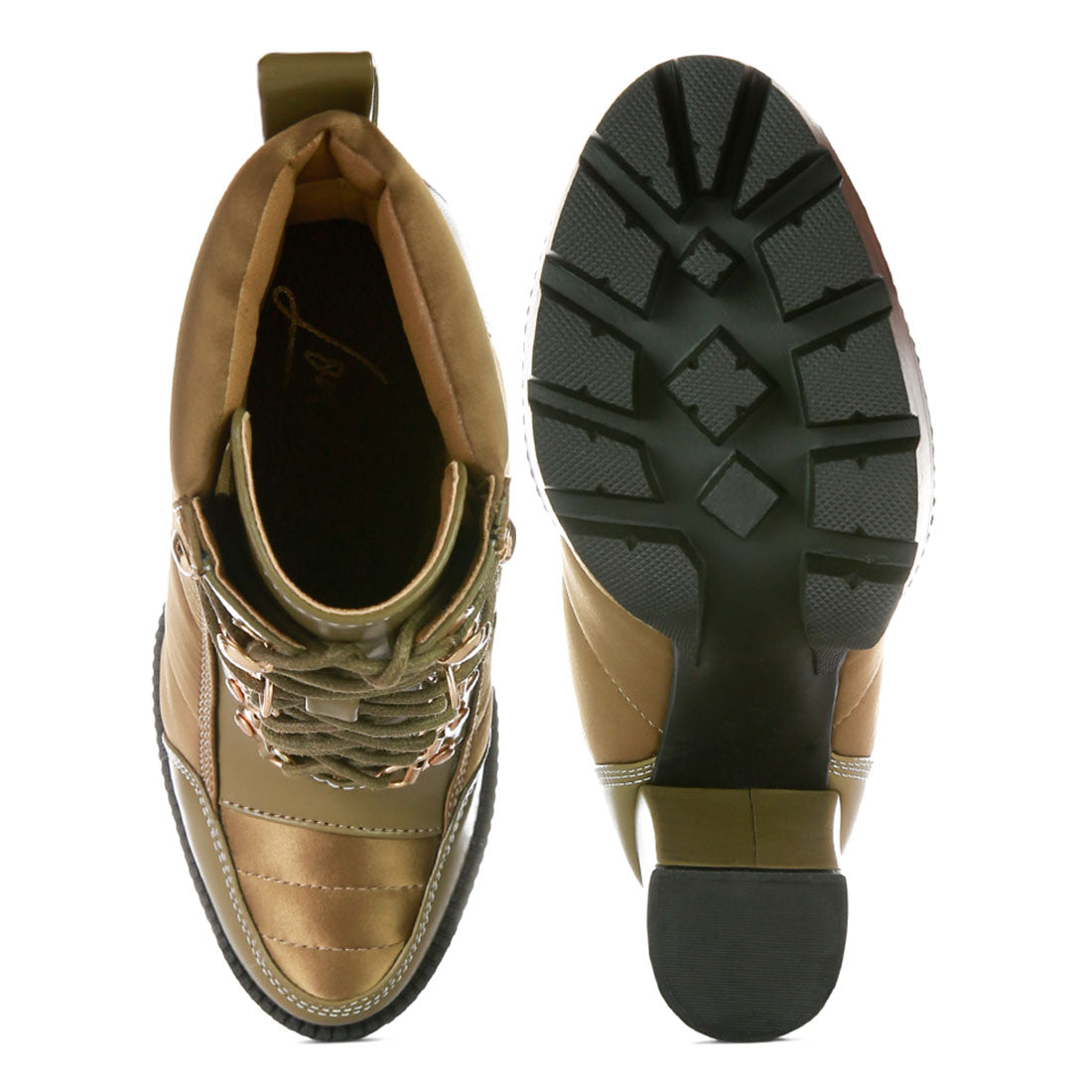 high heel quilted satin biker boots#color_khaki