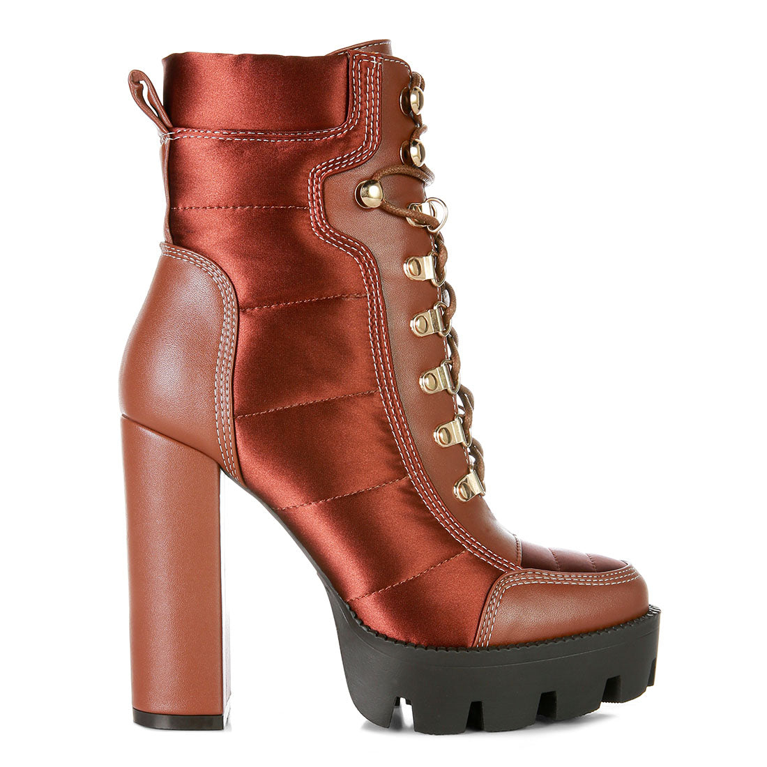 high heel quilted satin biker boots#color_tan