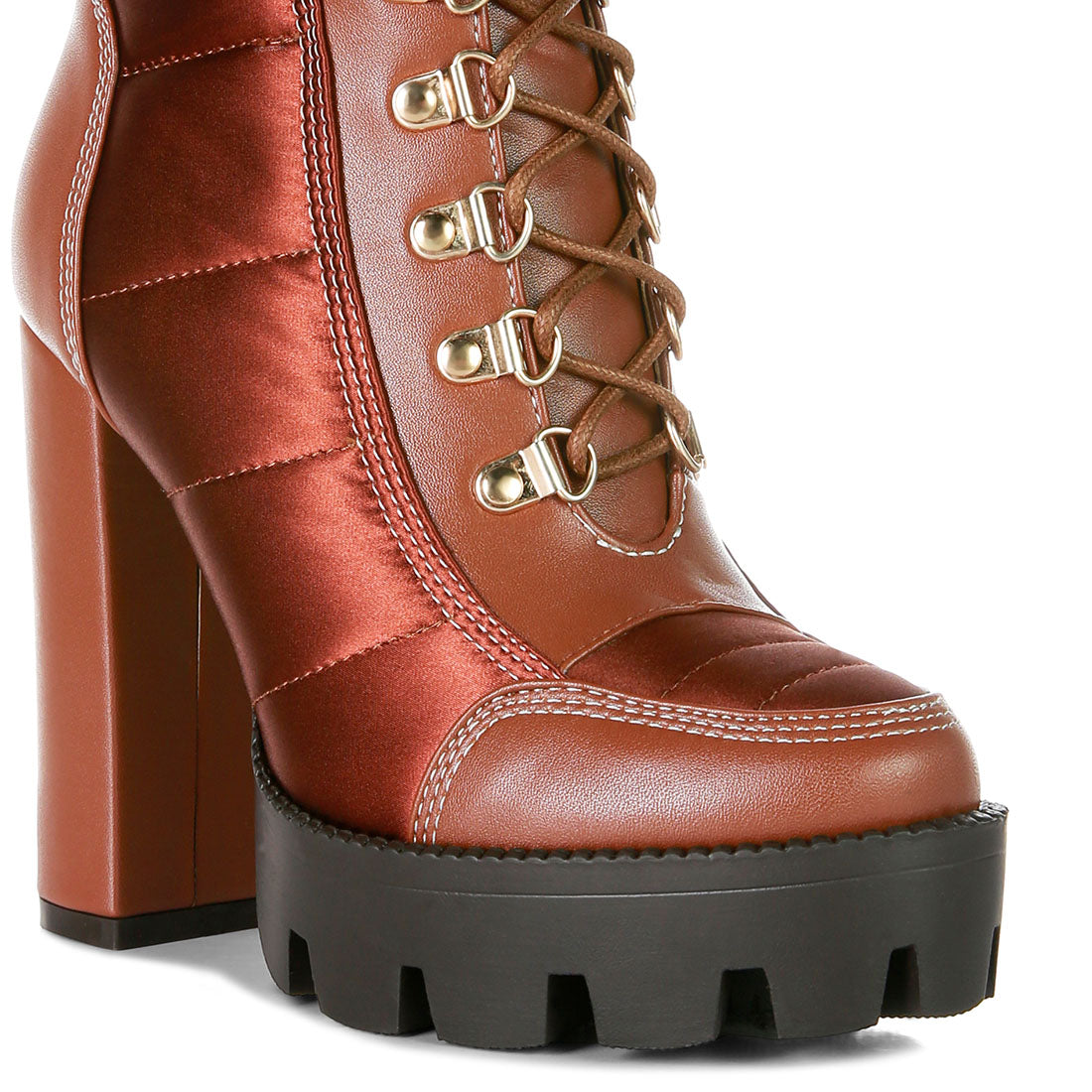 high heel quilted satin biker boots#color_tan