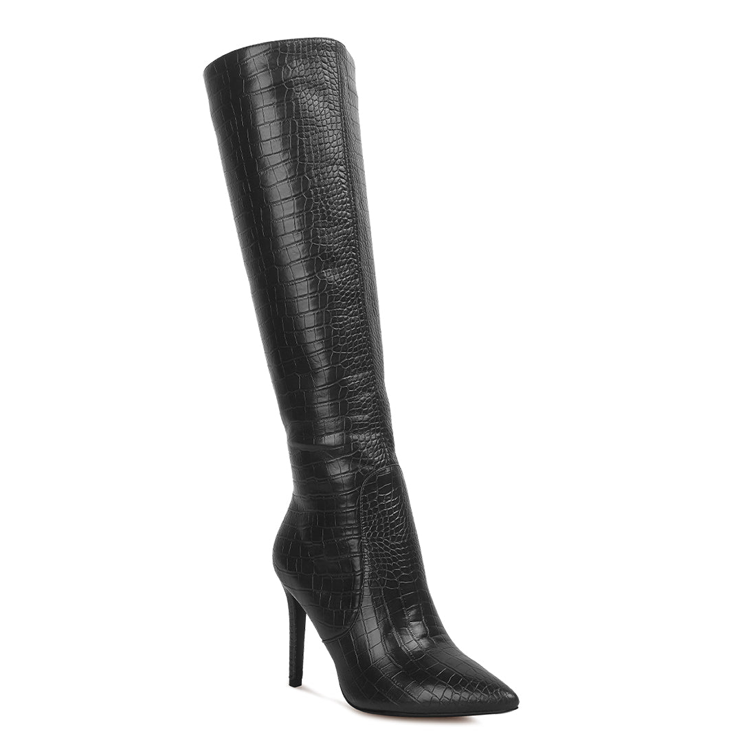 high heeled croc calf boots#color_black