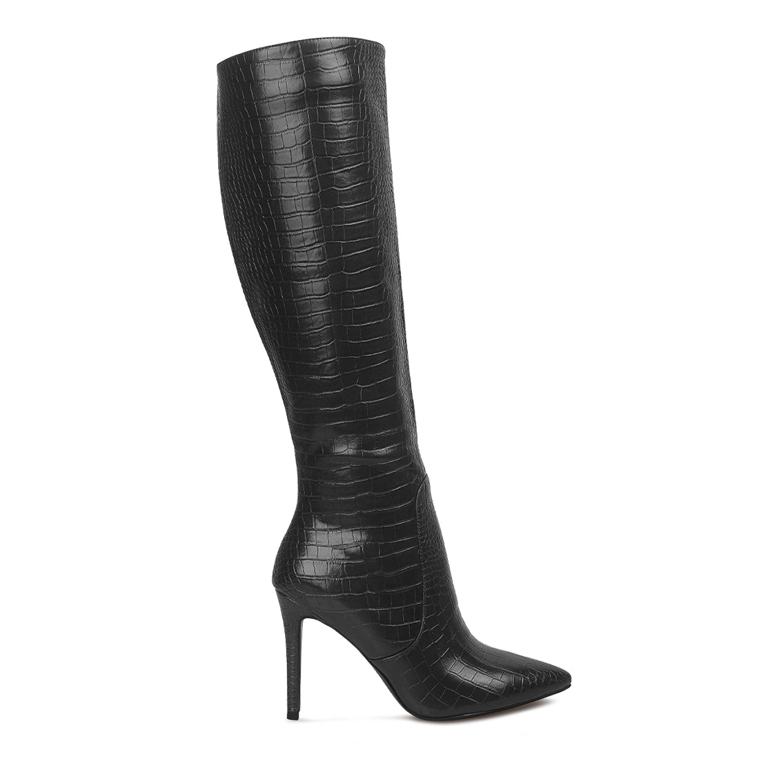 high heeled croc calf boots#color_black