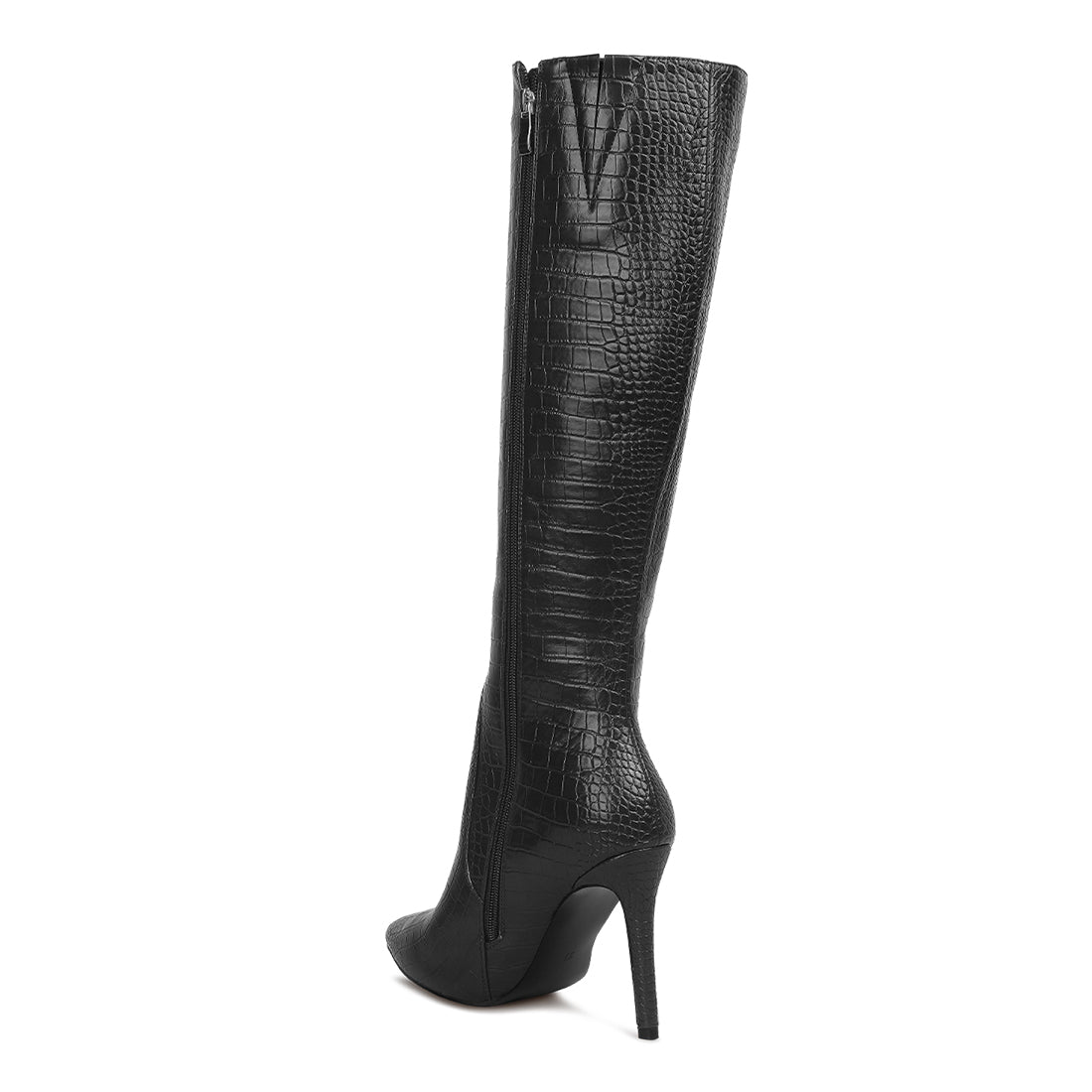 high heeled croc calf boots#color_black