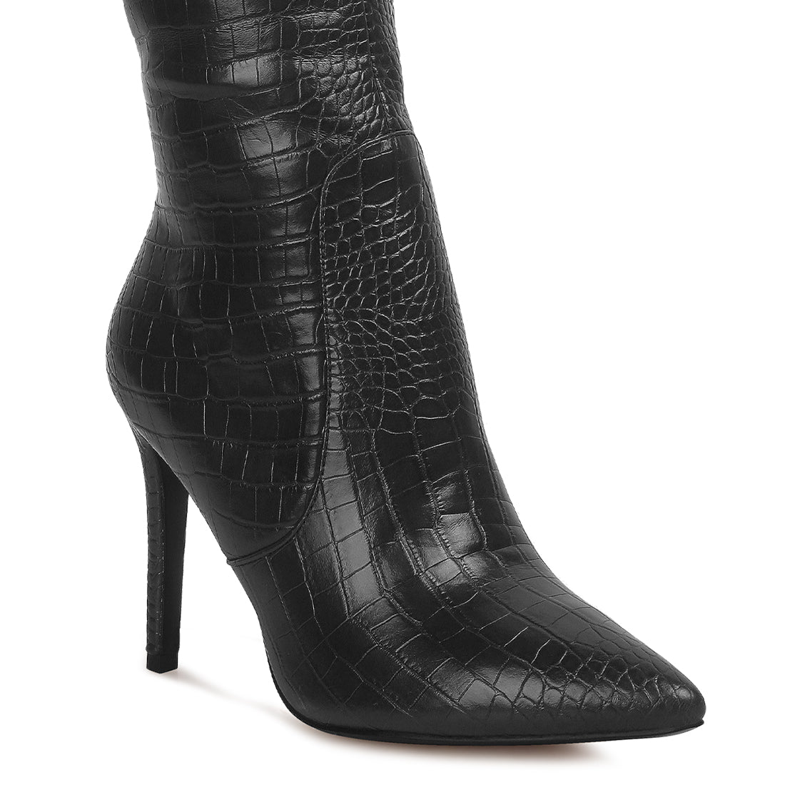 high heeled croc calf boots#color_black