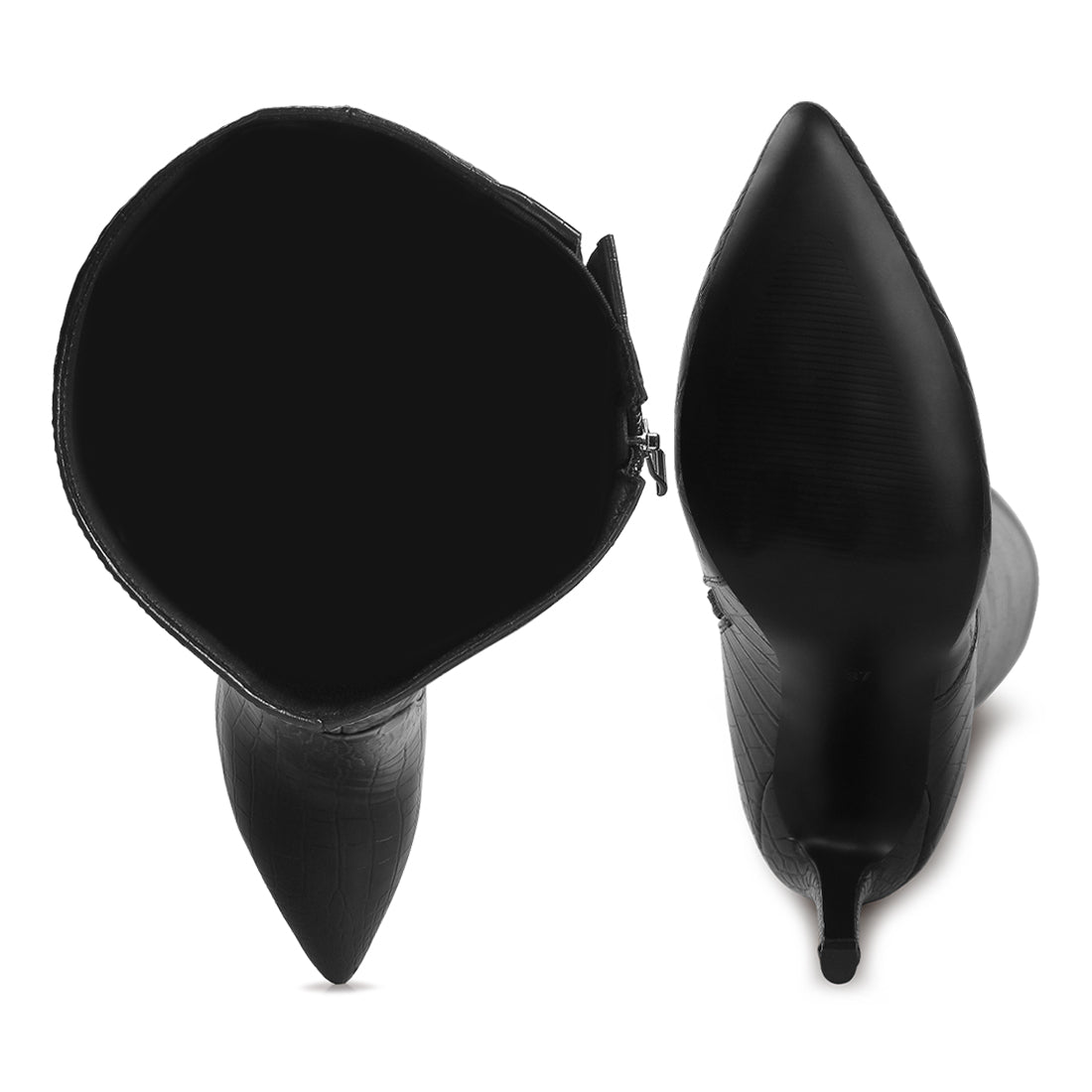 high heeled croc calf boots#color_black