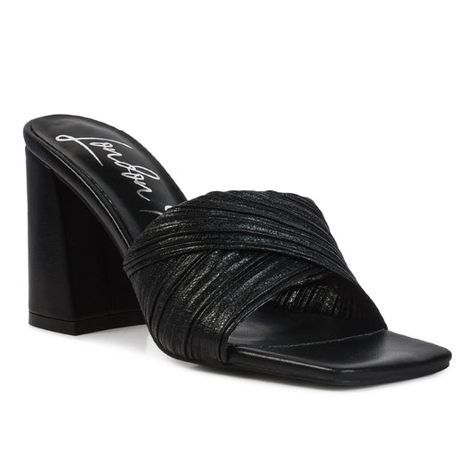 Black Crinkled High Heeled Block Sandals