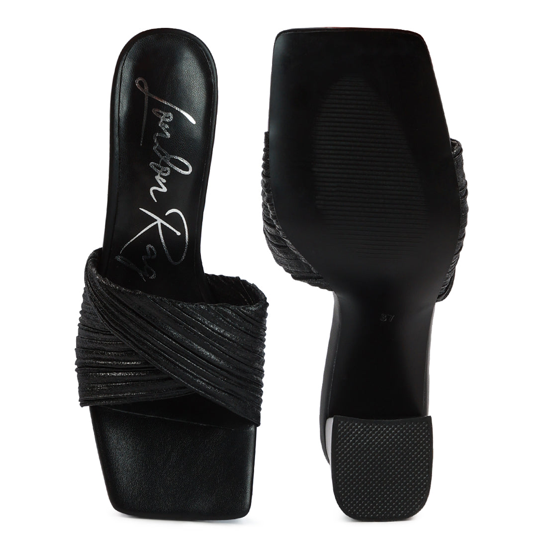 Black Crinkled High Heeled Block Sandals